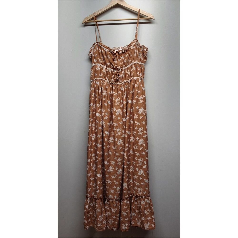 Sincerely Jules Maxi Dress Women XL Tan Floral Sleeveless Milkmaid Cottagecore